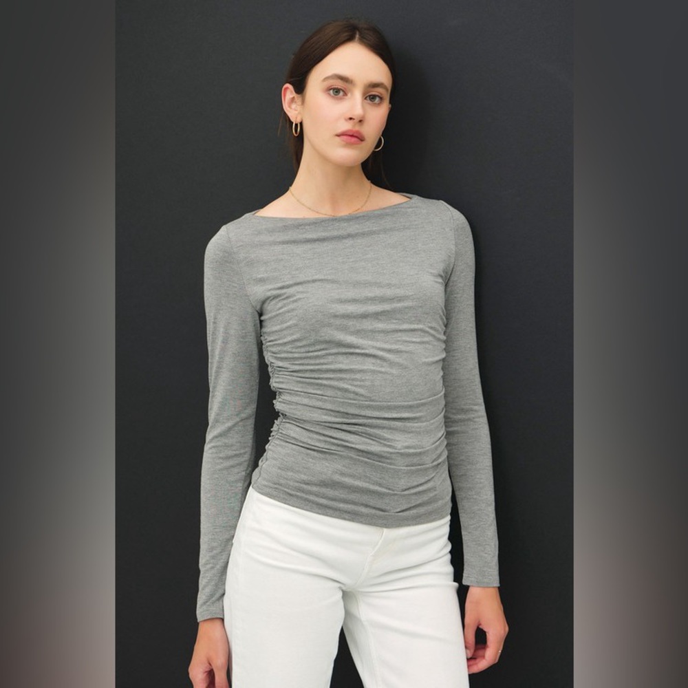 404B. Ruched Sides Double Layered Boat Neck Long Sleeve